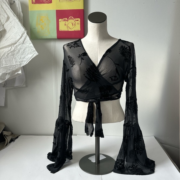 xstravagance designs Tops - Black Sheer Wrap Top with Floral Design